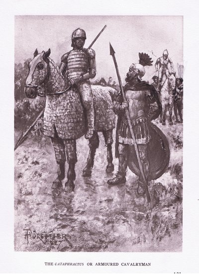 Cataphractus eller pansrede kavalerist, illustration fra The Roman Soldier, 1928 af Amedee Forestier