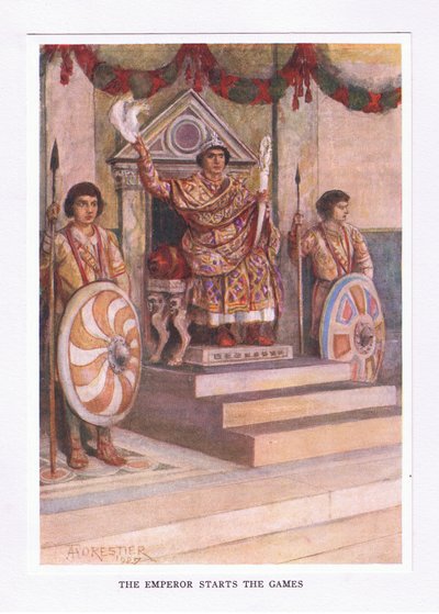 Kejseren startede spillene, illustration fra The Roman Soldier, 1928 af Amedee Forestier