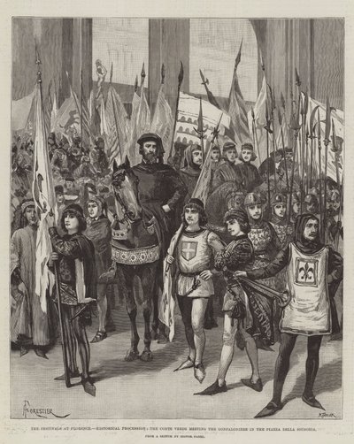 Festivalerne i Firenze, historisk procession, Conte Verde møder Gonfaloniere på Piazza della Signoria af Amedee Forestier