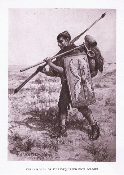 Impeditus eller fuldt udstyret fodsoldat, illustration fra The Roman Soldier, 1928 af Amedee Forestier
