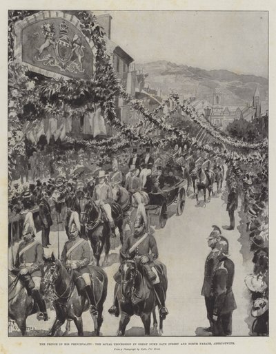 Prinsen i hans fyrstedømme, den kongelige procession i Great Duke Gate Street og North Parade, Aberystwyth af Amedee Forestier