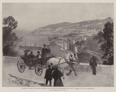 Dronningen i Cimiez, Hendes Majestæt vender tilbage fra en køretur ad Villefranche-vejen, HMS Cambrian ligger ud for Villefranche af Amedee Forestier