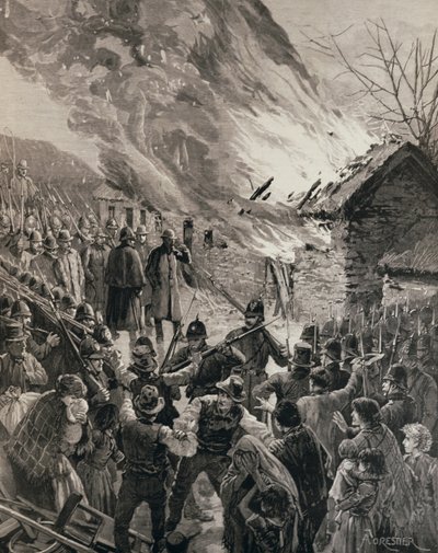 The Rent War in Ireland: Burning the Houses of Evicted Tenants at Glenbeigh, County Derry, fra 