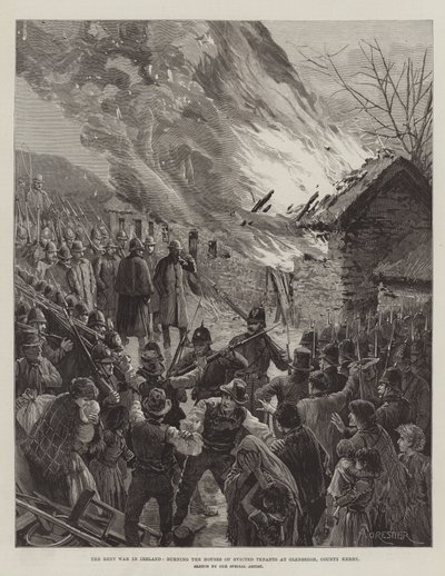 Huslejekrigen i Irland, der brænder husene til udsatte lejere i Glenbeigh, County Kerry af Amedee Forestier