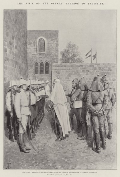 Den tyske kejsers besøg i Palæstina, hvor hans majestæt overrækker sine blåjakker med korset af Johannesordenen af Jerusalem af Amedee Forestier