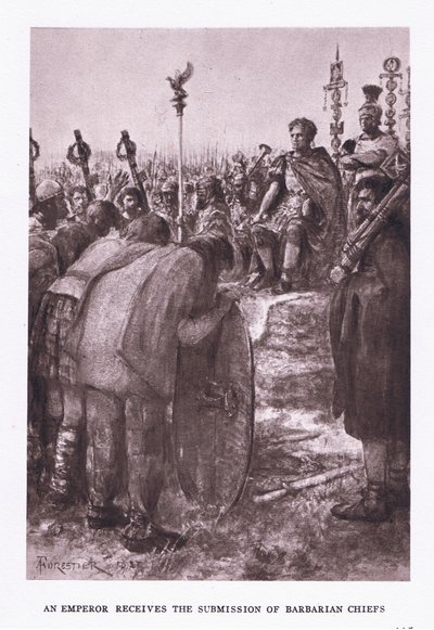 Kejseren modtager underkastelse af barbarhøvdinge, illustration fra den romerske soldat, 1928 af Amedee Forestier