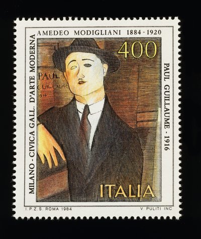 Frimærke fra italiensk kunstserie til ære for Amedeo Modigliani (1884-1920), forestillende Portræt af Paul Guillaume (1916), 400 lire frimærke af Amadeo (after) Modigliani
