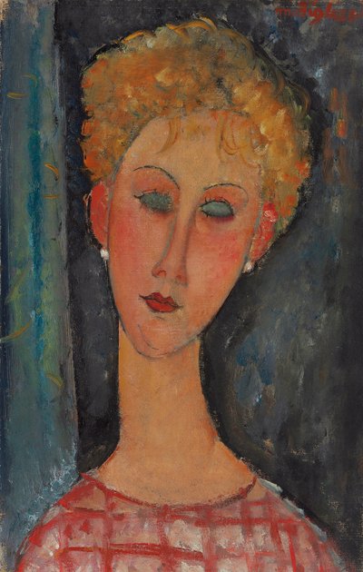 Blond kvinde med krøllet hår; Blondinen med øreringe, ca. 1918-1919 af Amedeo Modigliani