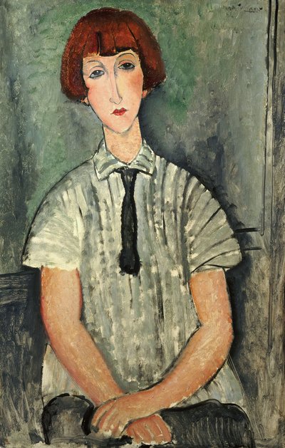 Fransk:  Jeune Fille au corsage rayé Ung pige med stribet bluse af Amedeo Modigliani