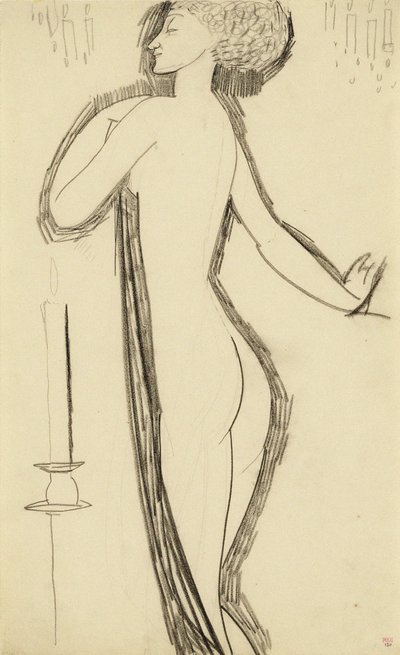 Stående kvinde nøgen i profil med tændt stearinlys, ca. 1911 af Amedeo Modigliani