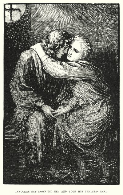 Innocens satte sig ned ved ham og tog hans lænkede hånd (gravering) af Amelia M. (attr.to) Bowerley or Bauerle