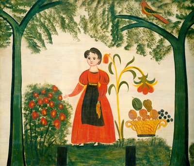 Pige i rødt med blomster og en distelfink af American 19th Century