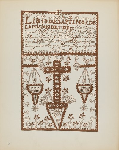 Plade 2: Jemez Book of Baptisms: Fra porteføljen "Spanske koloniale designs i New Mexico" af American 20th Century