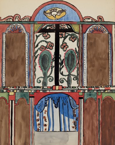 Plade 5: Hovedaltertavle, Santa Cruz: Fra porteføljen "Spanish Colonial Designs of New Mexico" af American 20th Century