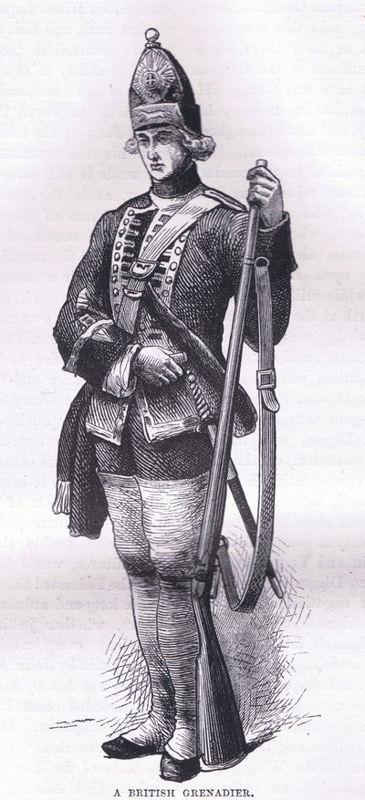 En britisk grenadier, illustration fra Cassells History of the United States udgivet af Cassell, Petter & Galpin, ca. 1900 (litho) af American English school