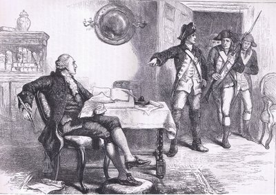 Arrestation of William Franklin, illustration fra Cassells History of the United States udgivet af Cassell, Petter & Galpin, ca. 1900 (litho) af American English school