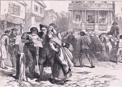 Bostonianere læser Stamp Act, illustration fra Cassells History of the United States udgivet af Cassell, Petter & Galpin, ca. 1900 (litho) af American English school