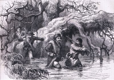 Clarke og hans soldater krydser Wabash, illustration fra Cassells History of the United States udgivet af Cassell, Petter & Galpin, ca. 1900 (litho) af American English school
