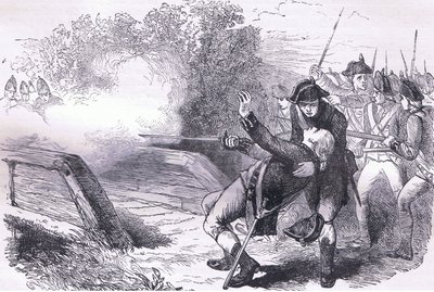 Death of Isaac Davis, illustration fra Cassells History of the United States udgivet af Cassell, Petter & Galpin, ca. 1900 (litho) af American English school