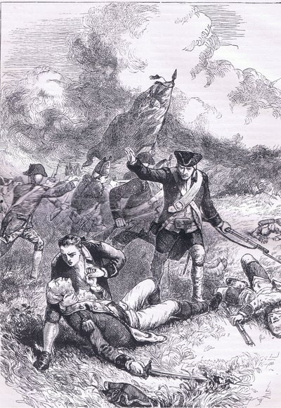 Major Pitcairns død, illustration fra Cassells History of the United States udgivet af Cassell, Petter & Galpin, ca. 1900 (litho) af American English school