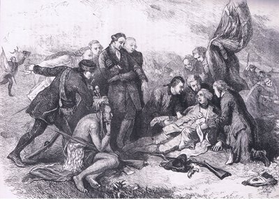 Death of Wolfe, illustration fra Cassells History of the United States udgivet af Cassell, Petter & Galpin, ca. 1900 (litho) af American English school