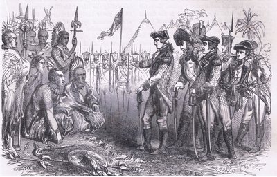 General Burgoyne taler til indianerne, illustration fra Cassells History of the United States udgivet af Cassell, Petter & Galpin, ca. 1900 (litho) af American English school
