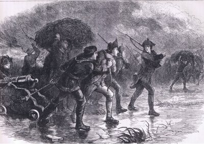 Night Maoeuvres of the Americans at Boston, illustration fra Cassells History of the United States udgivet af Cassell, Petter & Galpin, ca. 1900 (litho) af American English school