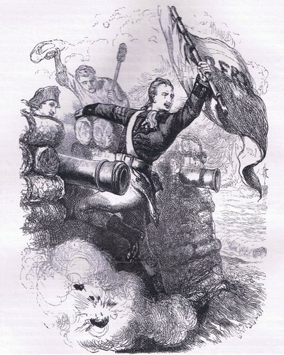 Sergent Jasper genfinder flaget, illustration fra Cassells History of the United States udgivet af Cassell, Petter & Galpin, ca. 1900 (litho) af American English school