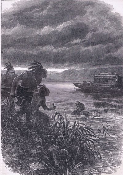 Handlende på Ohio angrebet af vilde, illustration fra Cassells History of the United States udgivet af Cassell, Petter & Galpin, ca. 1900 (litho) af American English school