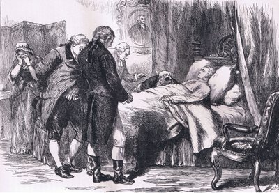 Washington på dødslejet, illustration fra Cassells History of the United States udgivet af Cassell, Petter & Galpin, ca. 1900 (litho) af American English school