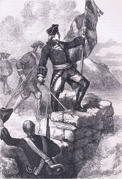 Washington planter det britiske flag ved Fort Duquesne, illustration fra Cassells History of the United States udgivet af Cassell, Petter & Galpin, ca. 1900 (litho) af American English school