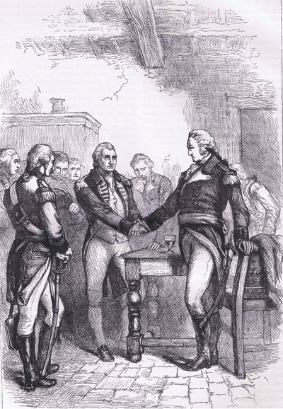 Washington tager afsked med sine gamle kammerater, illustration fra Cassells History of the United States udgivet af Cassell, Petter & Galpin, ca. 1900 (litho) af American English school