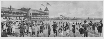 En søndag morgen badescene på stranden ved Coney Island, der viser New Iron Pier Landing of the Iron Steamboats (s/h foto) af American Photographer