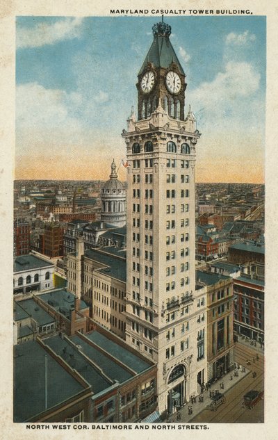 Baltimore, MA: Maryland Casualty Tower Building, nordvestlige hjørne af Baltimore og North Streets (farvefoto) af American Photographer