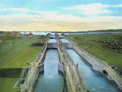 Bird "s Eye View of Gatun Locks, showing all the flights of locks, Panama Canaldani af American Photographer