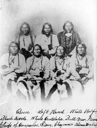 Bose, venstre hånd, hvid ulv, sort kedel, hvid antilope, tyrebjørn, Neva: høvdinge for stammerne Arapahoe, Sioux, Cheyenne og Kiowa, ca. 1860-68 af American Photographer