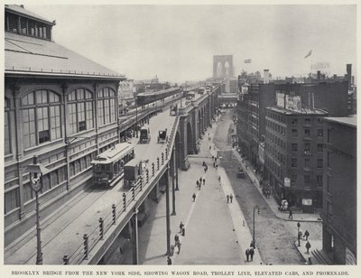 Brooklyn Bridge fra New York Side, der viser Wagon Road, Trolley Line, Elevated Cars og Promenade (s/h foto) af American Photographer