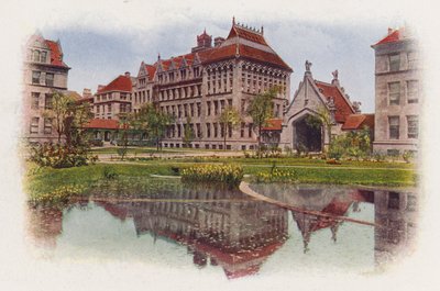 Chicago: Hull Court, fra Botany Pond, Anatomy Building og Hull Gate (farvefoto) af American Photographer