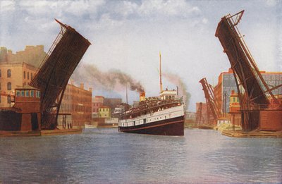Chicago: State Street Bascule Bridge løftet for udflugtsdampskib (farvefoto) af American Photographer