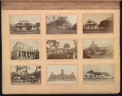 Hawaii album, s. 12, skoler og andre bygninger, herunder Dronningens Hospital (øverst i midten), ca. 1880 (albumin print) af American Photographer