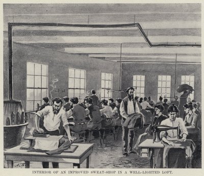 Interiør af en forbedret Sweat-Shop i et godt oplyst loft (s/h foto) af American Photographer