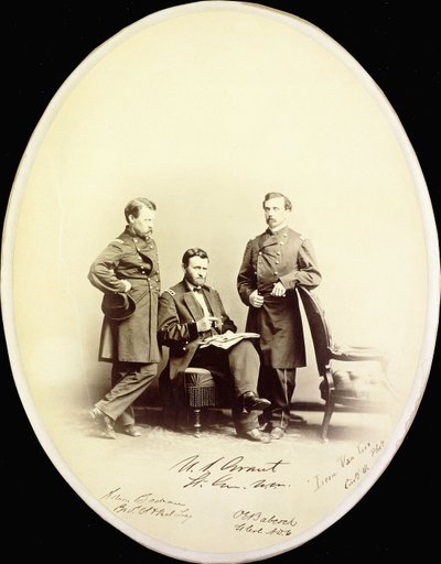 Signed photograph of Ulysses S. Grant and his aides, Orville E. Babcock and Adam Badeau, in military uniform, c.1865dani af American Photographer