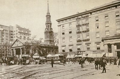 St Pauls Chapel og Astor House, ved City Hall Park, New York City, 1892 af American Photographer