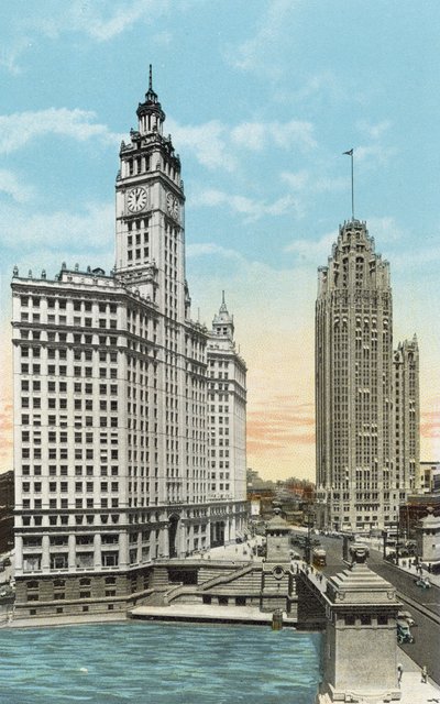 Wrigley Building og Tribune Tower (farvet foto) af American Photographer