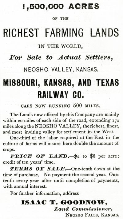 1.500.000 Acres af de rigeste landbrugslande i verden, i Neosho Valley, Kansas, annonce fra Appletons Journal, 4. maj 1872 af American School