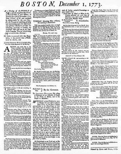 En Broadside-avis, der beskriver begivenhederne under Boston Tea Party, december 1773 (tryk) af American School