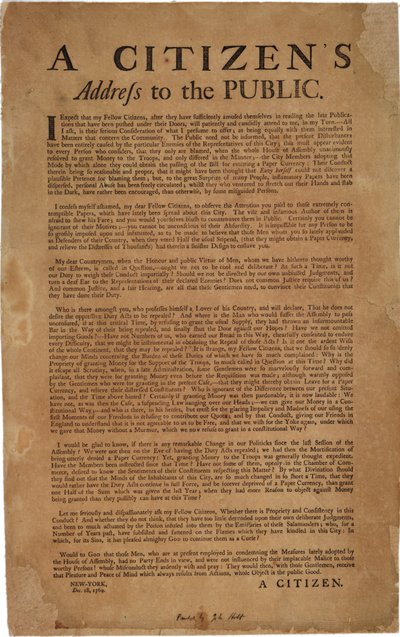 En borgers tale til offentligheden vedr. støtte til kongelige tropper, 18. december 1769 af American School