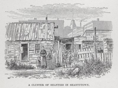 En klynge af shanties i Shantytown (litho) af American School