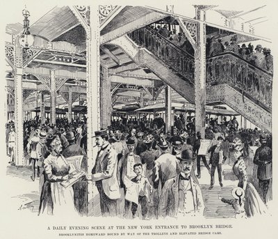 En daglig aftenscene ved New York-indgangen til Brooklyn Bridge (litho) af American School