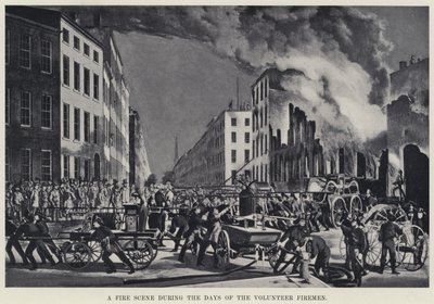 En brandscene under de frivillige brandmænds dage (litho) af American School